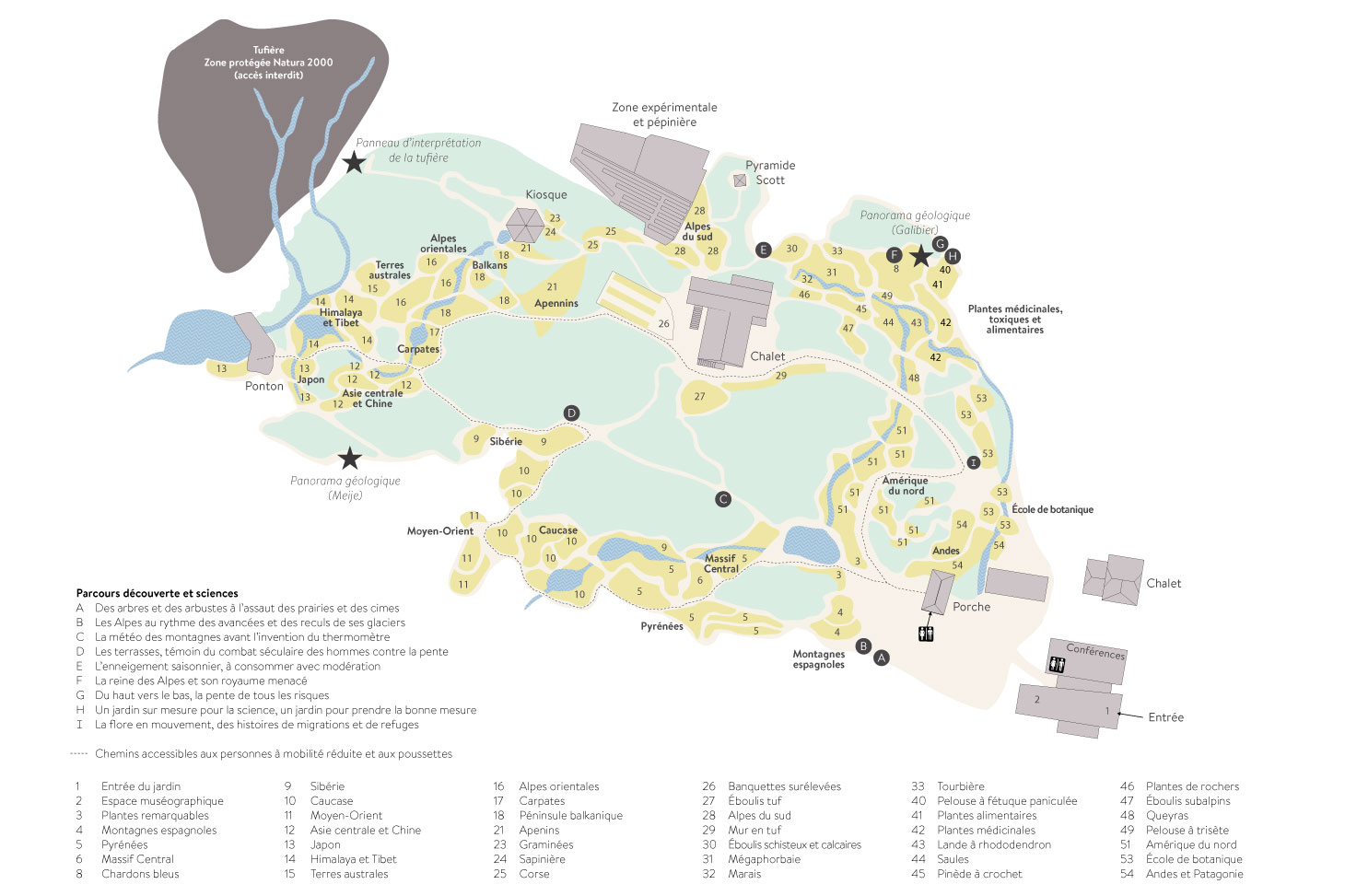 Plan du Jardin été 2022 et légende des massifs et rocailles